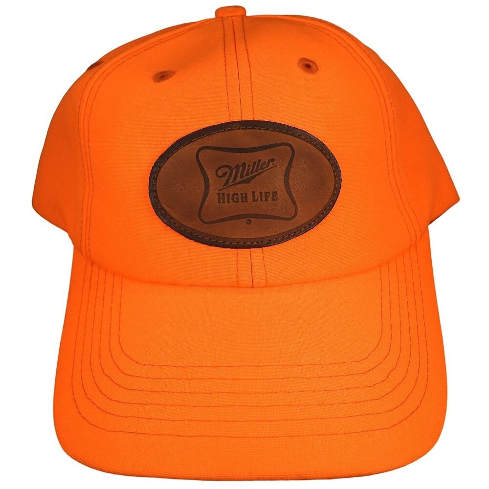 Vintage Miller High Life Beer Hat Hunter Orange Leather Hunting Legend Made USA